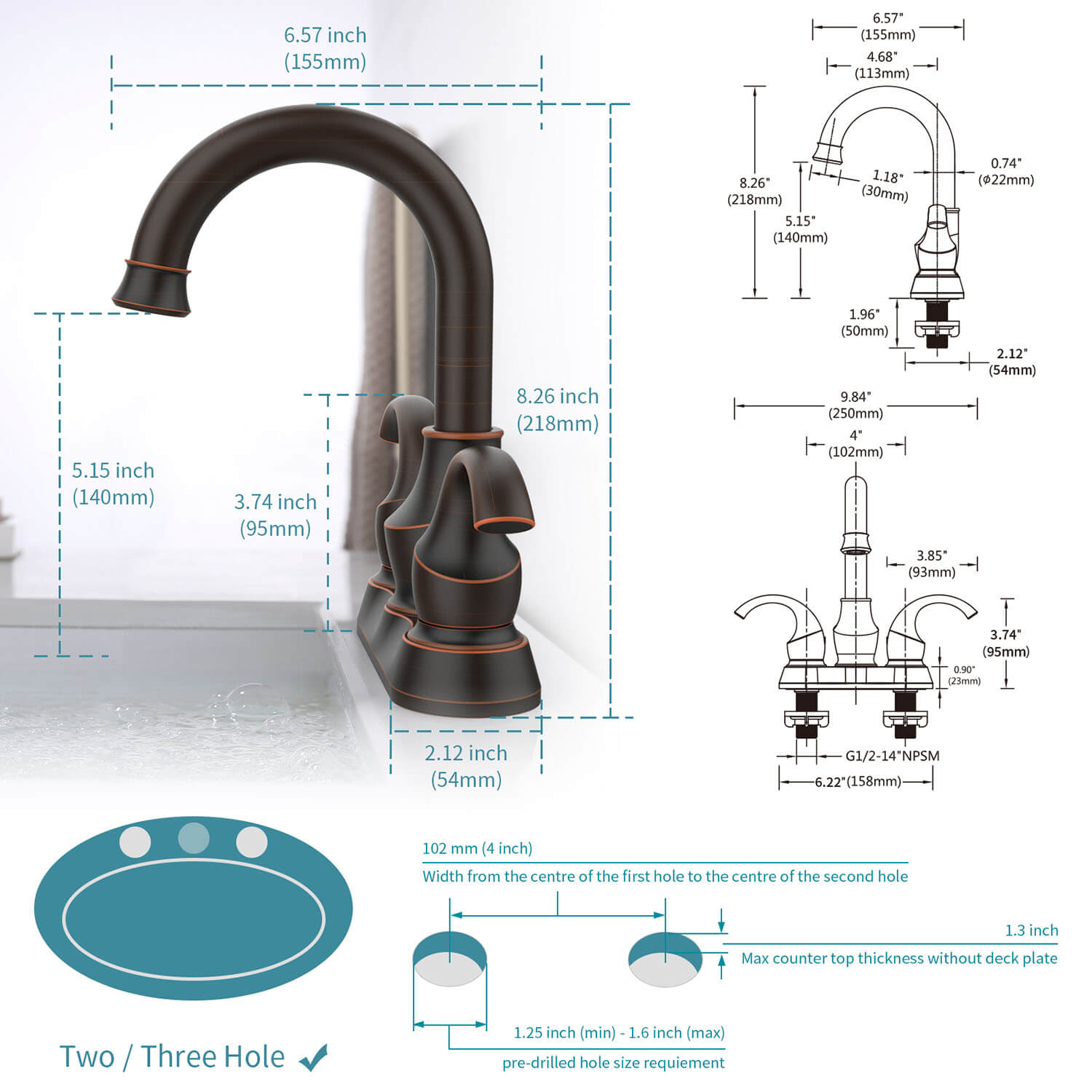 size of 4 Inch 2 Handle Oil Rubbed Bronze Bathroom Faucet
