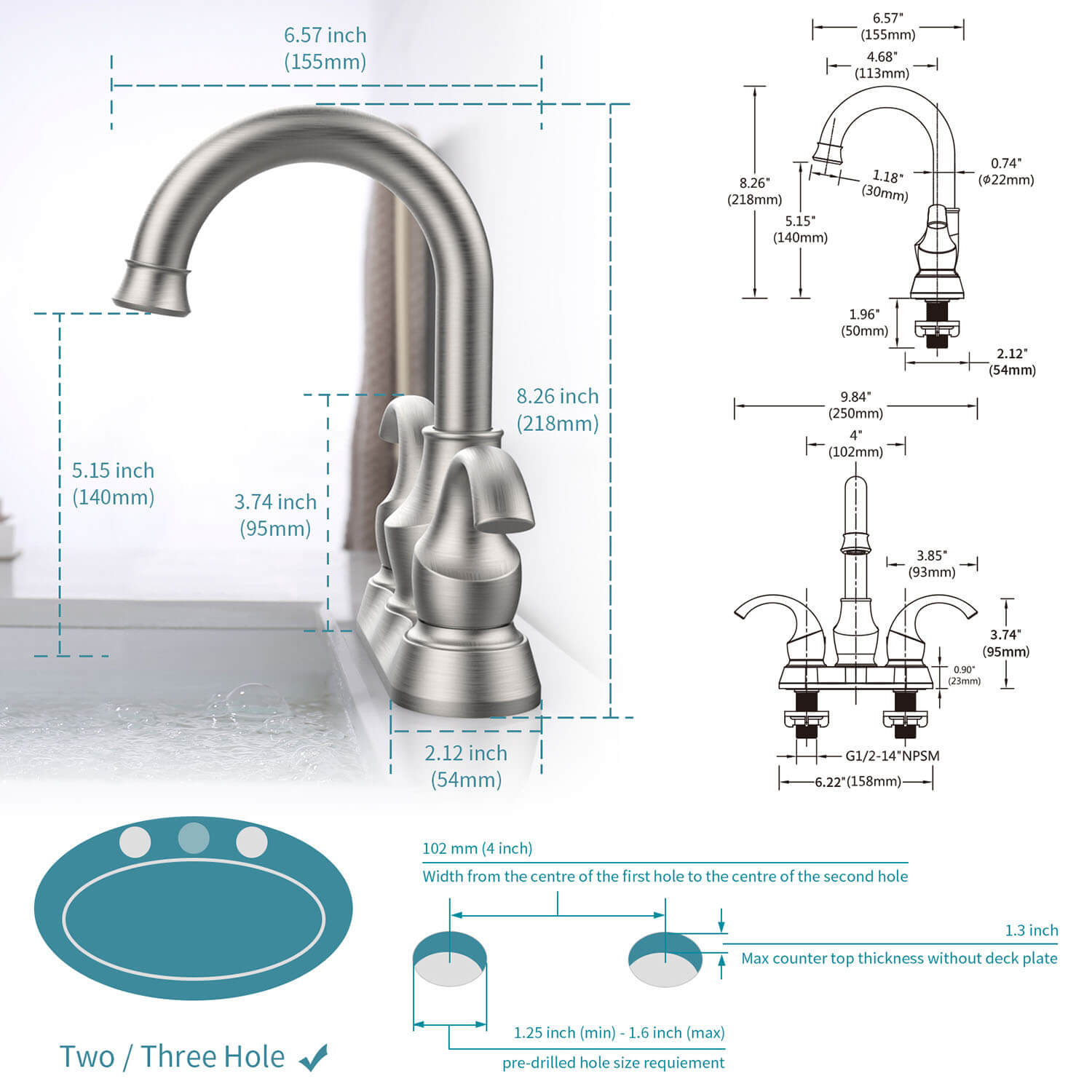 size of 4 Inch Brushed Nickel 3 Hole Bathroom Sink Faucet with pop up drain