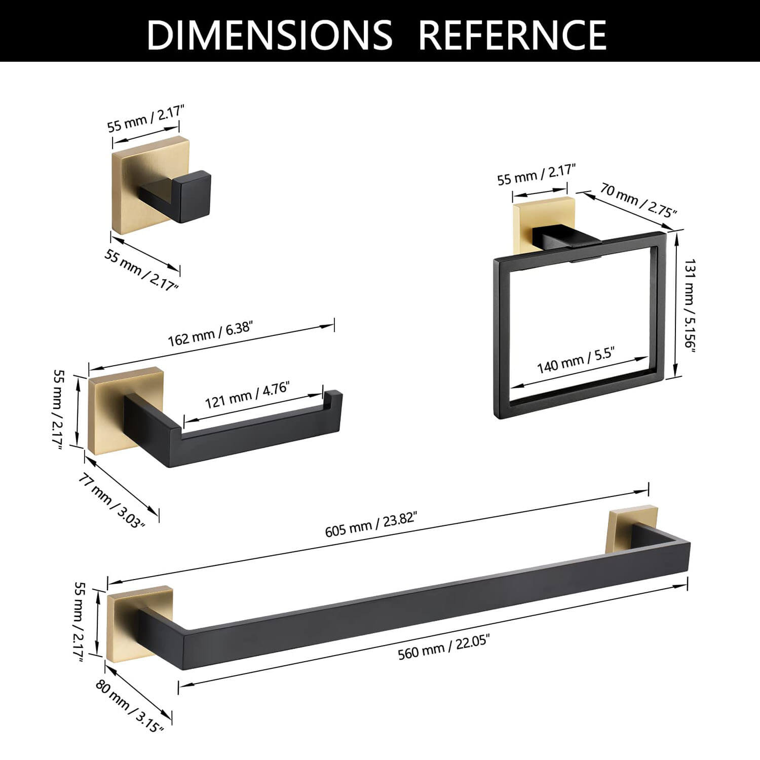 size of 5-Piece Black and Gold Stainless Steel Bathroom Hardware Set