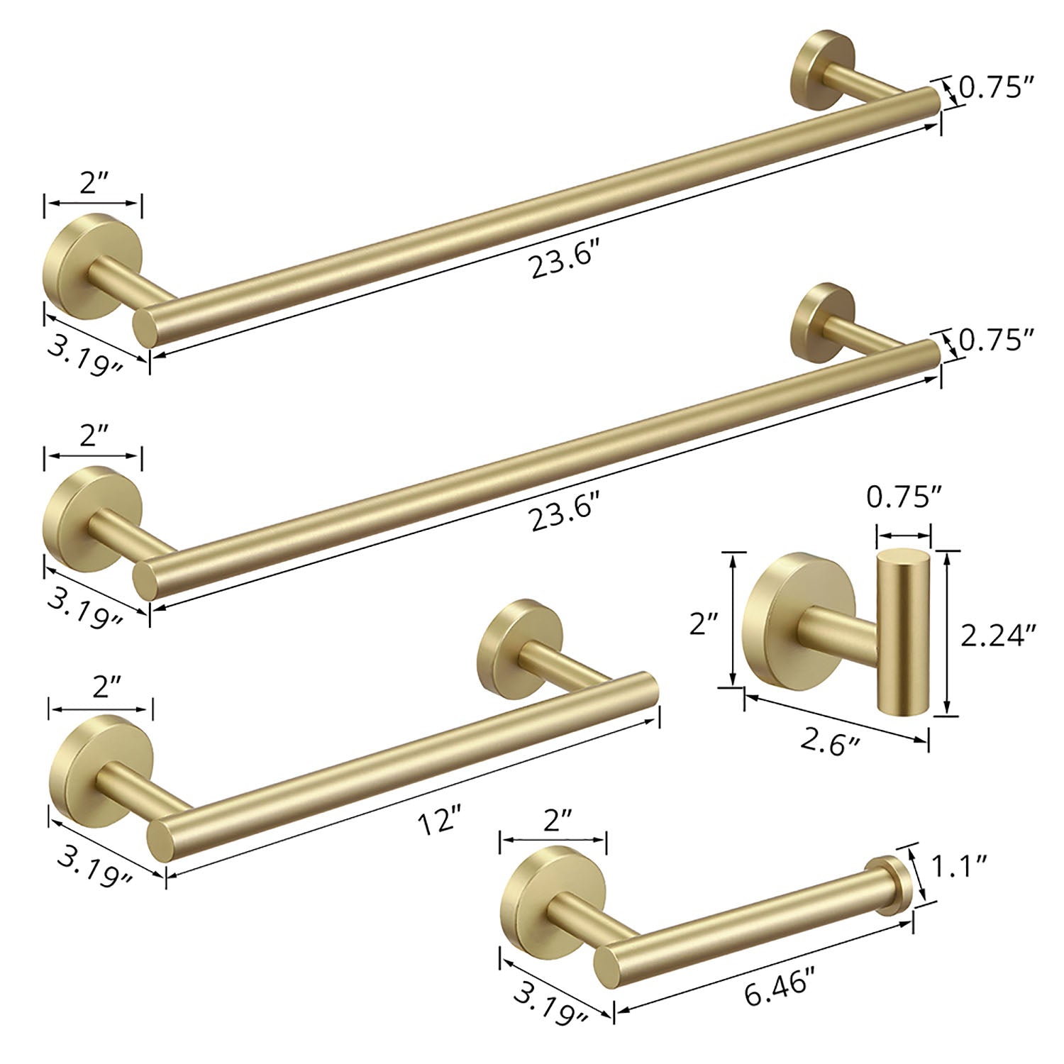 size of 5-Piece Brushed Gold Wall-Mounted Bathroom Hardware Set