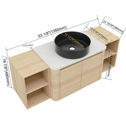 size of 54 inch White Oak Bathroom Vanity with Black Ceramic Vessel Sink and Two Open Shelves