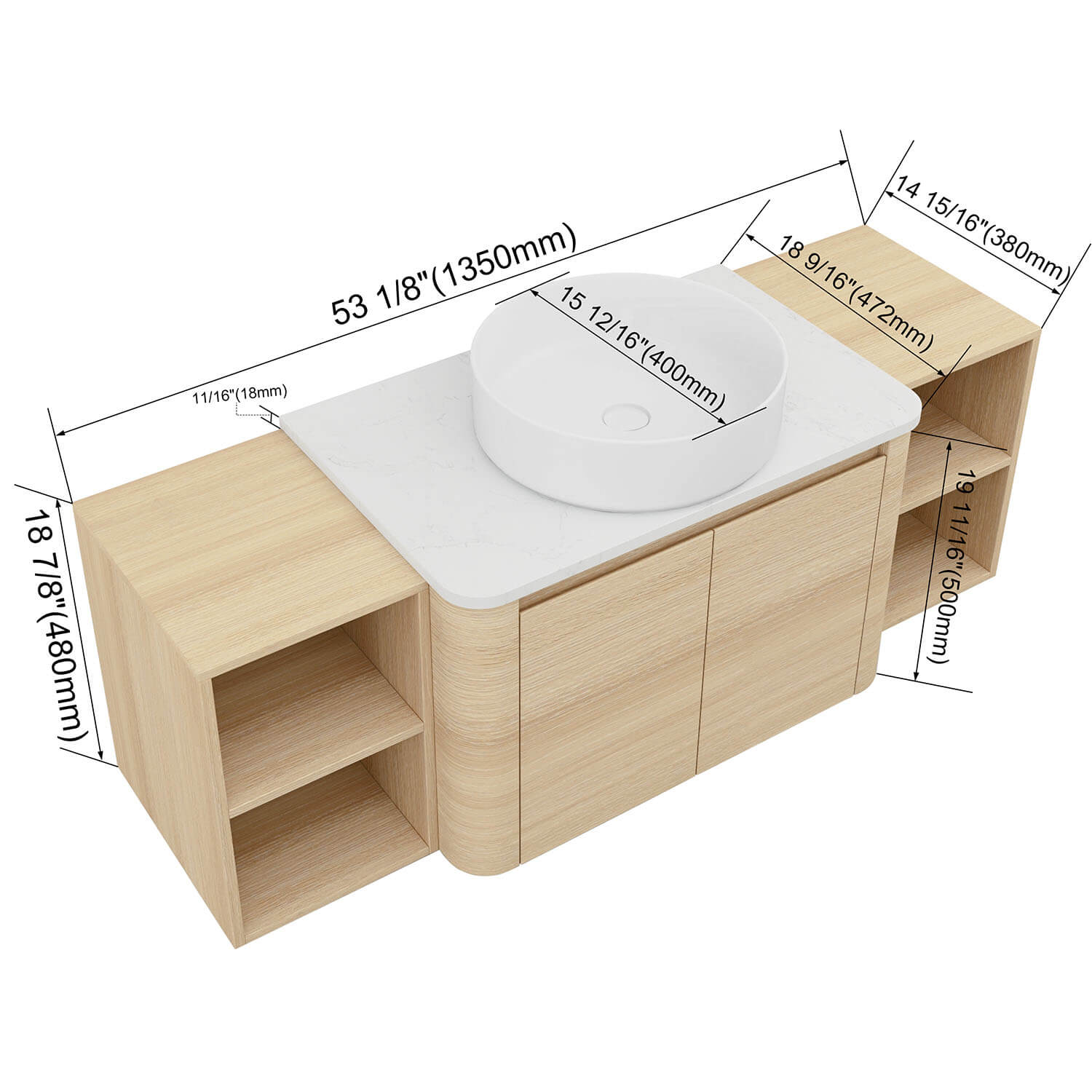 size of 54 inch White Oak Bathroom Vanity with White Ceramic Vessel Sink and Two Open Shelves