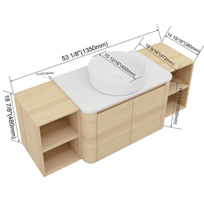 size of 54 inch White Oak Bathroom Vanity with White Ceramic Vessel Sink and Two Open Shelves