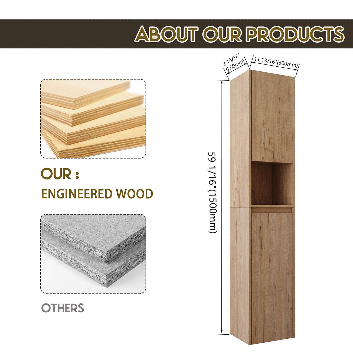 size of 59 inch Tall White Oak Bathroom Wall Cabinet with Doors and Open Shelf