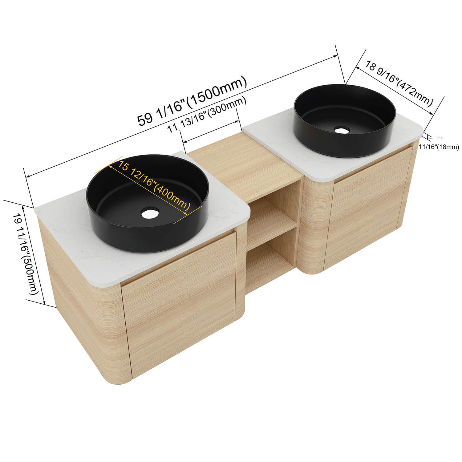 size of 60 inch White Oak Bathroom Vanity with Double Black Ceramic Sink and Open Shelves