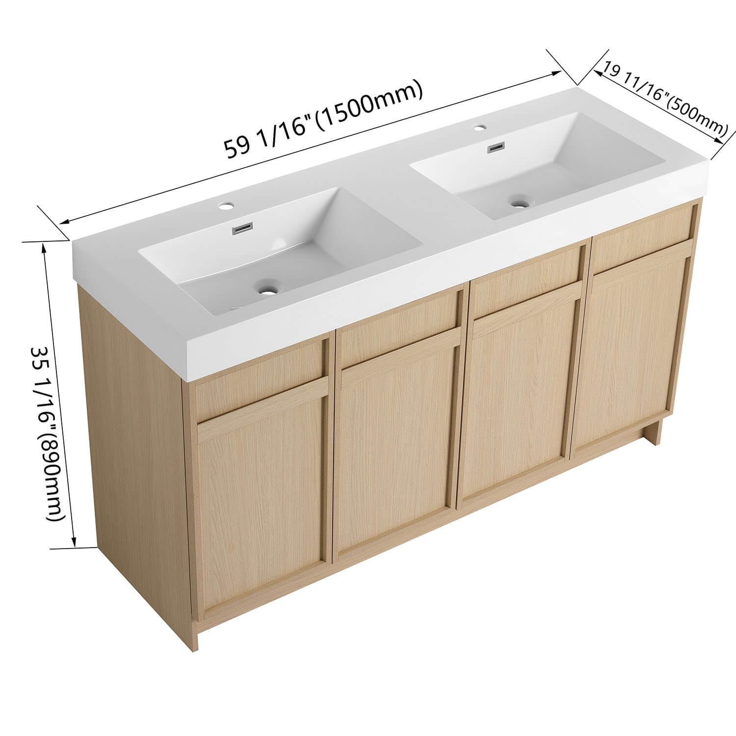 size of 60 inch White Oak Bathroom Vanity with Double Resin Sink and Soft Close Doors