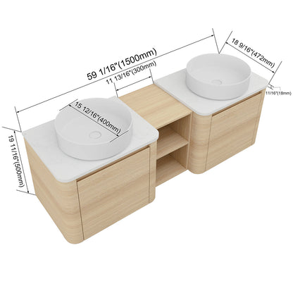 size of 60 inch White Oak Bathroom Vanity with Double White Ceramic Sink and Open Shelves