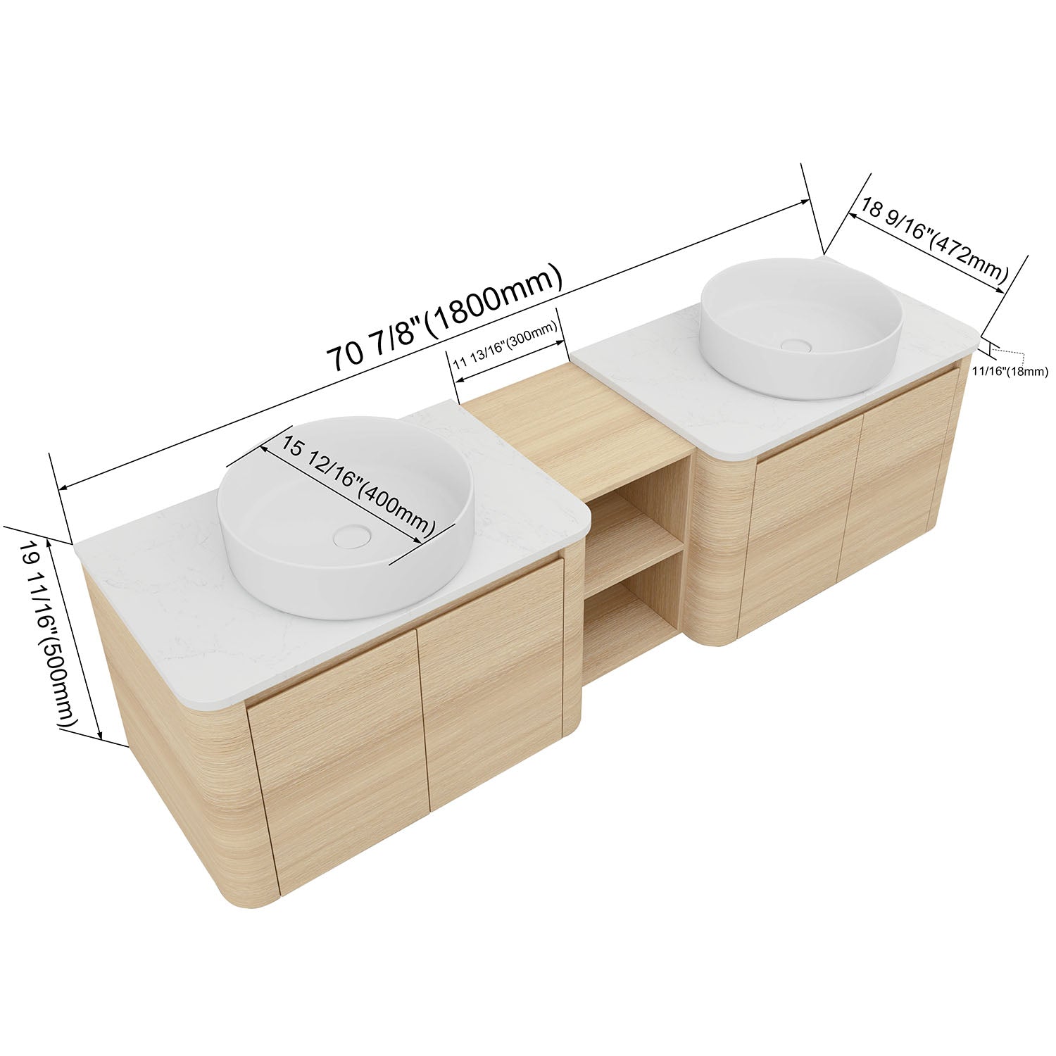 size of 72 inch White Oak Bathroom Vanity with Double White Ceramic Sink and Open Shelves