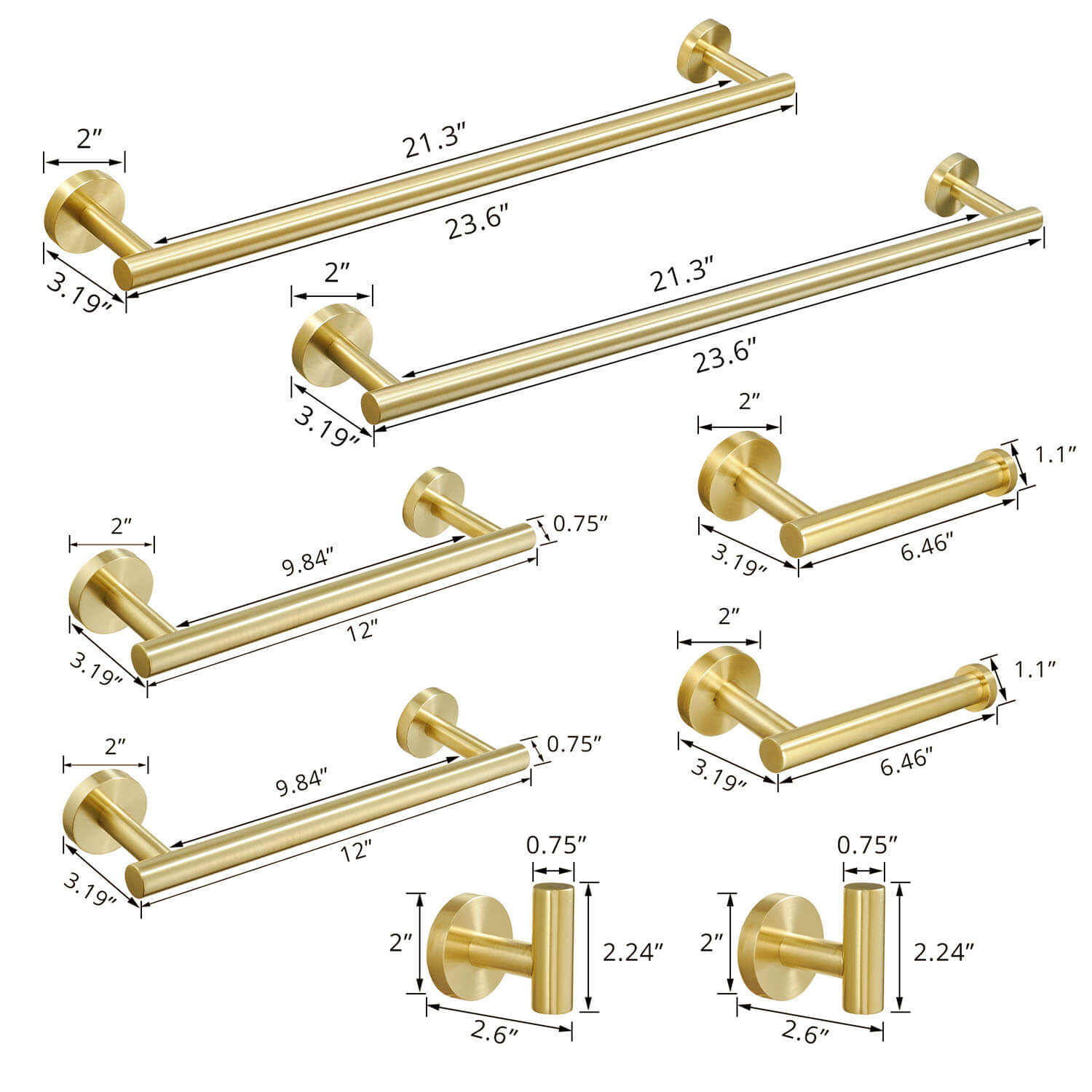 size of 8-Piece Stainless Steel Brushed Gold Bathroom Hardware Set