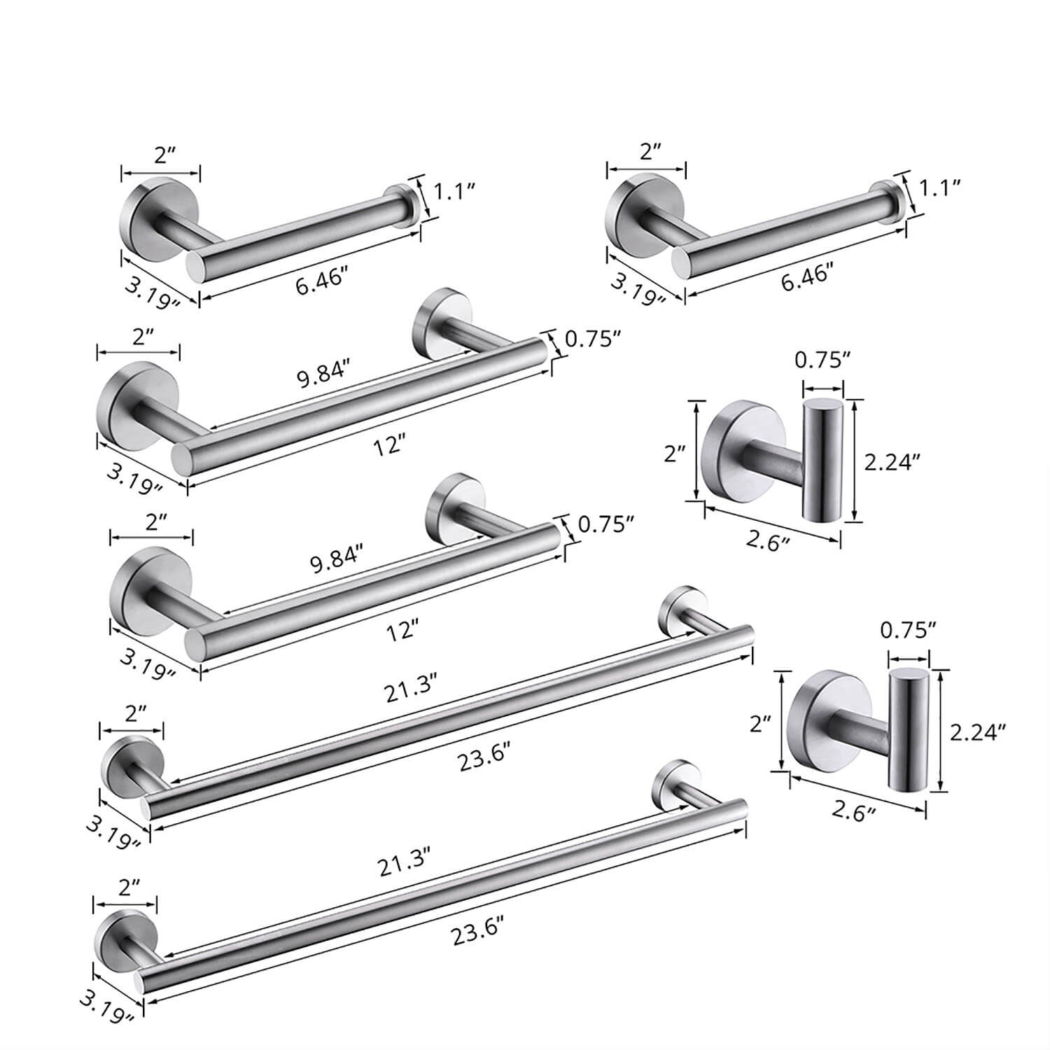 size of 8-piece Stainless Steel Brushed Nickel Bathroom Hardware set 