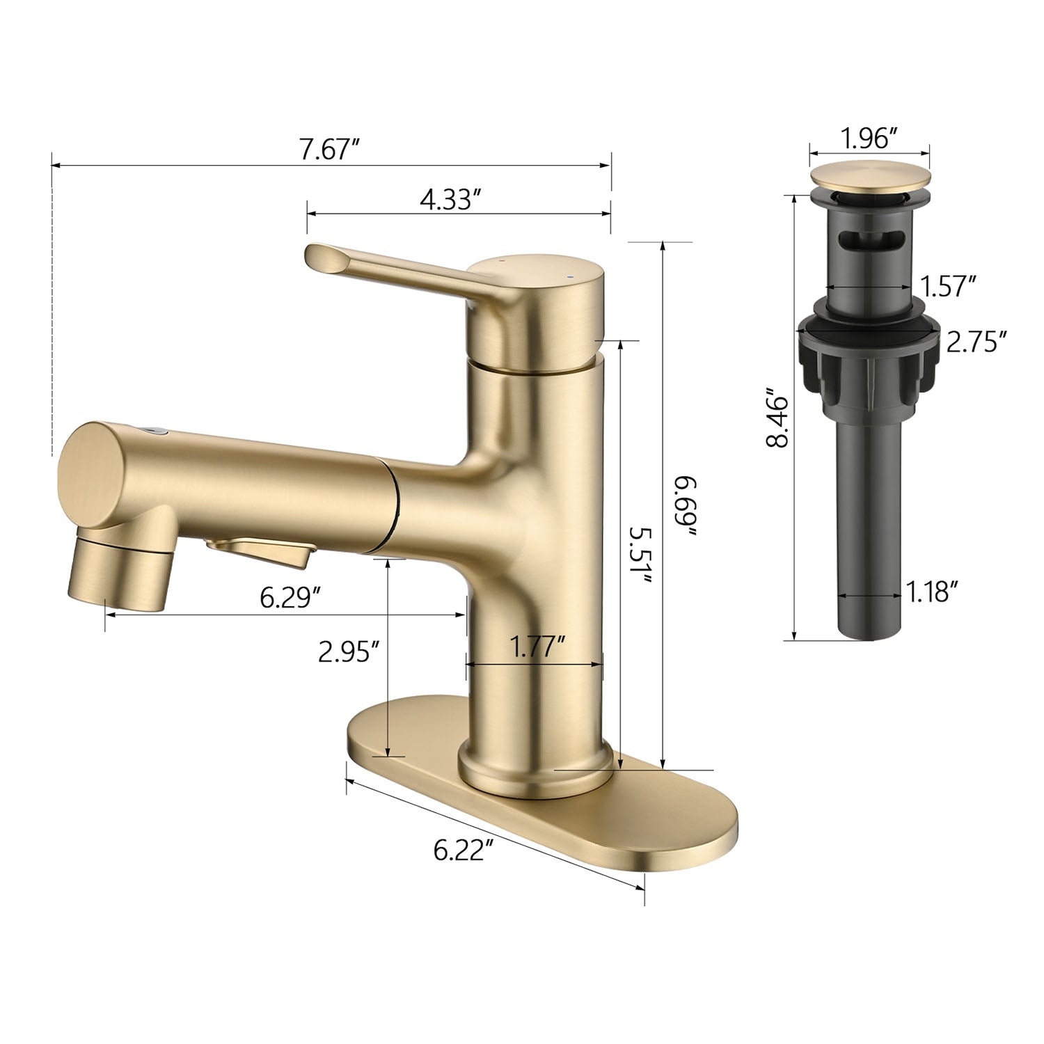 size of Brushed Gold Pull-Down Bathroom Faucet and drain