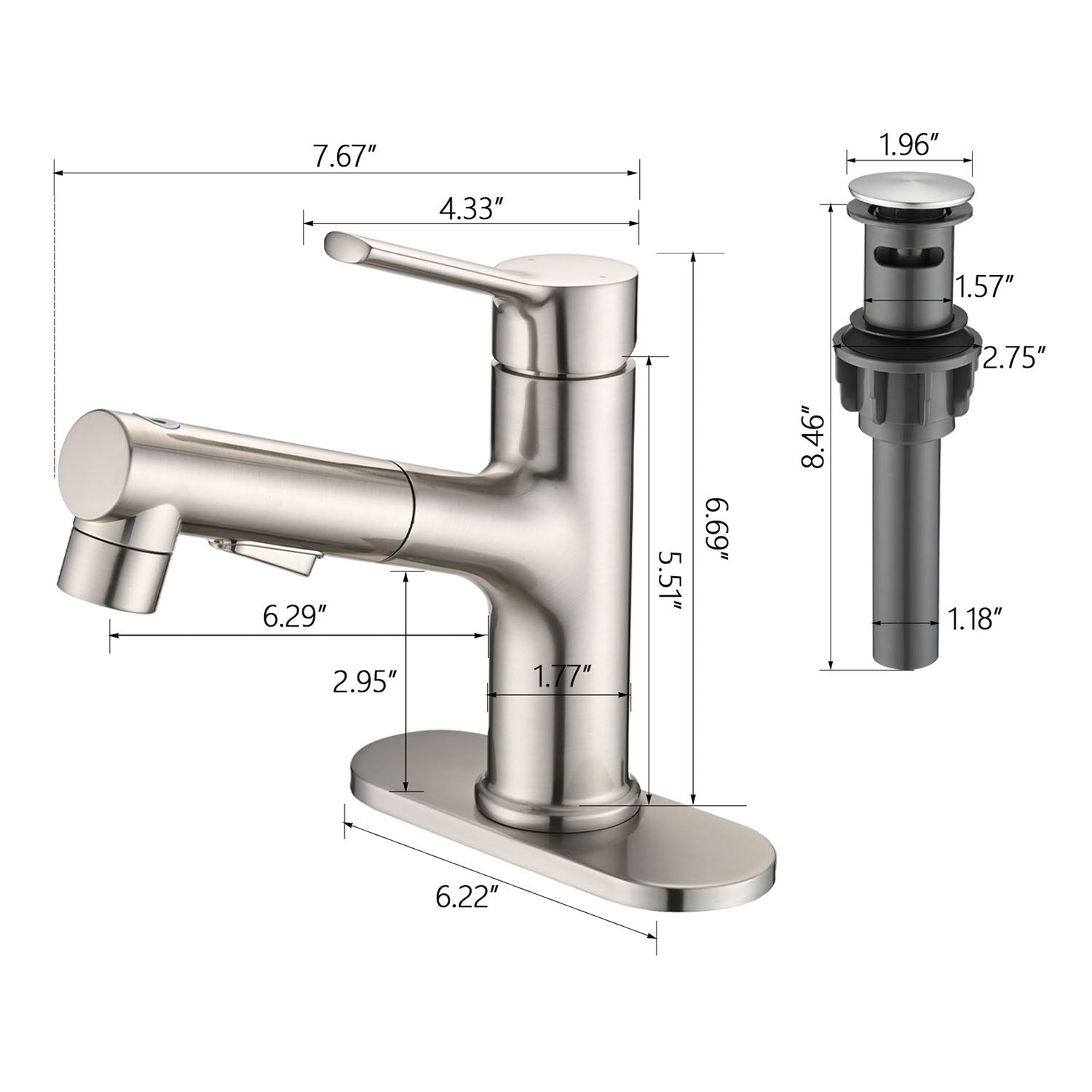 size of Brushed Nickel Pull-Down Bathroom Faucet and drain