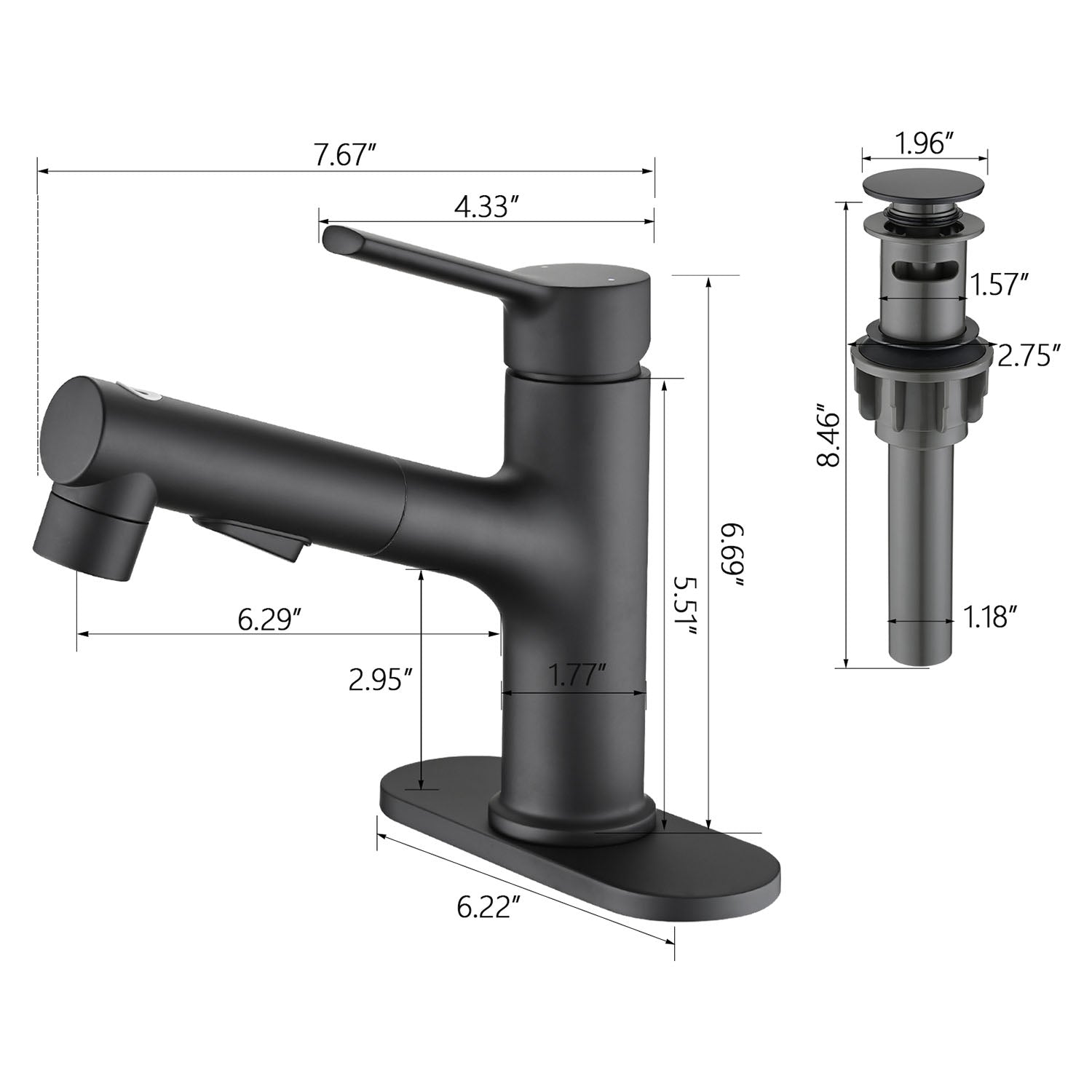 size of Matte Black Pull-Down Bathroom Faucet and drain