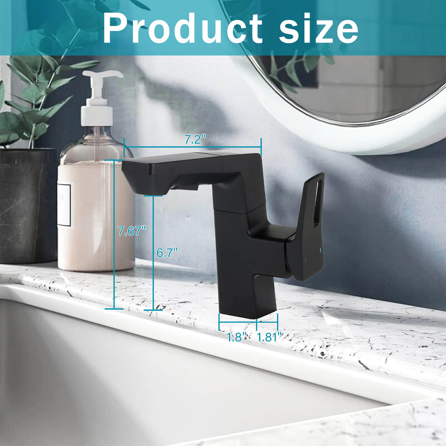 size of matte black single handle bathroom sink faucet
