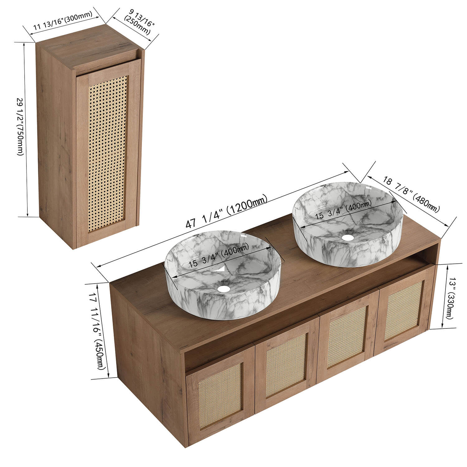 size of the 48 inch Bathroom Vanity and 12 inch Wall-Mounted cabinet