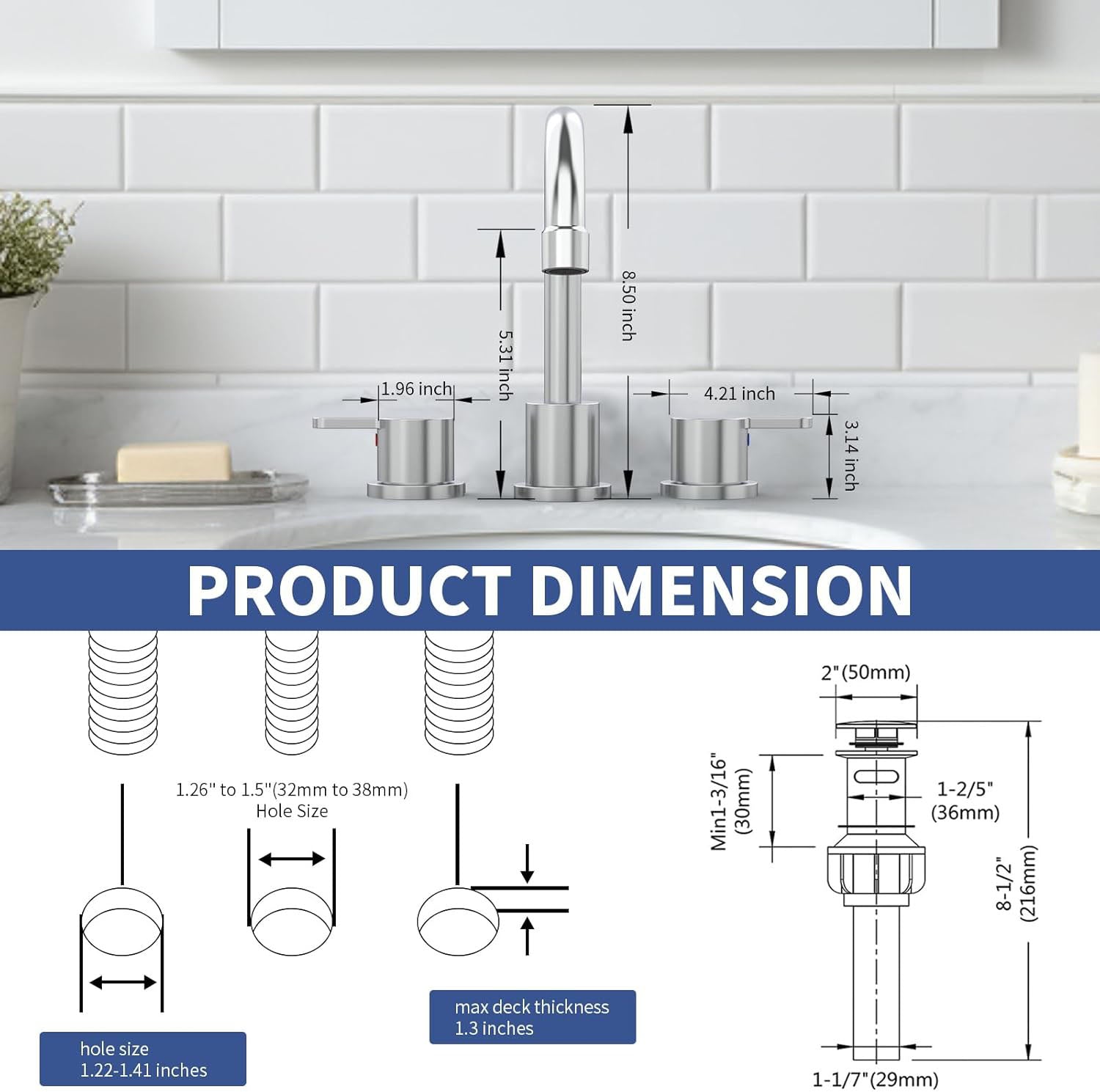 size of widespread 2 handle bathroom faucet and pop up drain