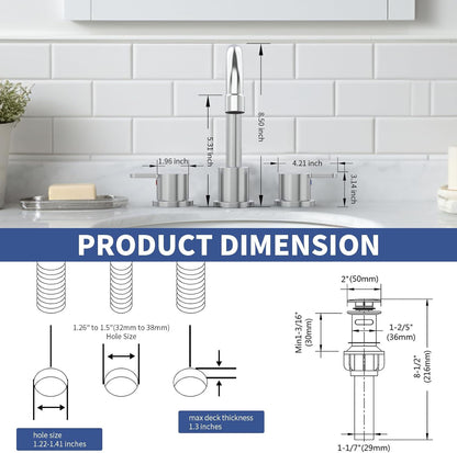 size of widespread 2 handle bathroom faucet and pop up drain