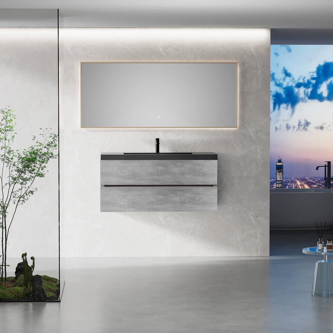 sleek 48 inch cement gray bathroom vanity with soft close hinges