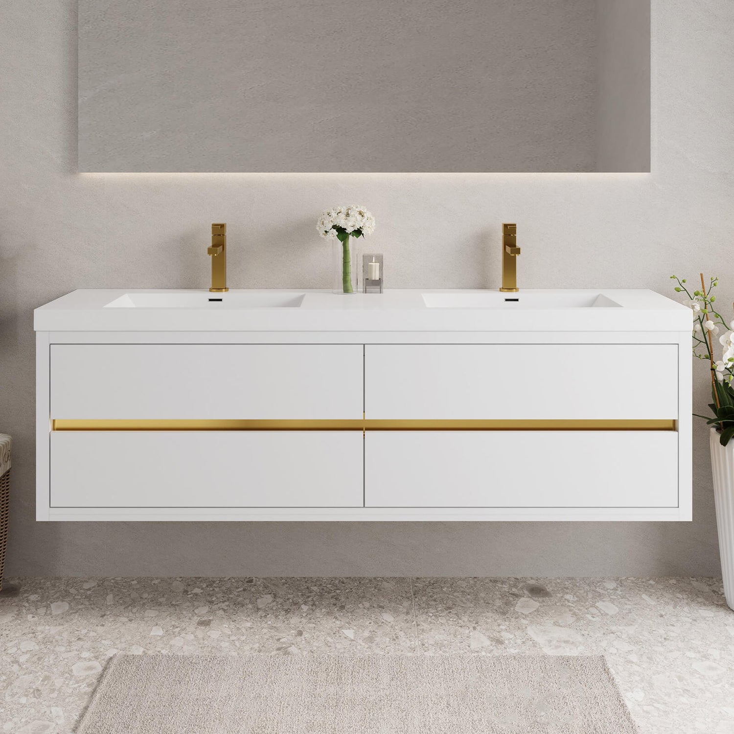 sleek double sink vanity with gold accents and moisture resistant cabinet