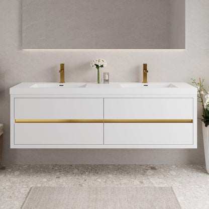 sleek double sink vanity with gold accents and moisture resistant cabinet