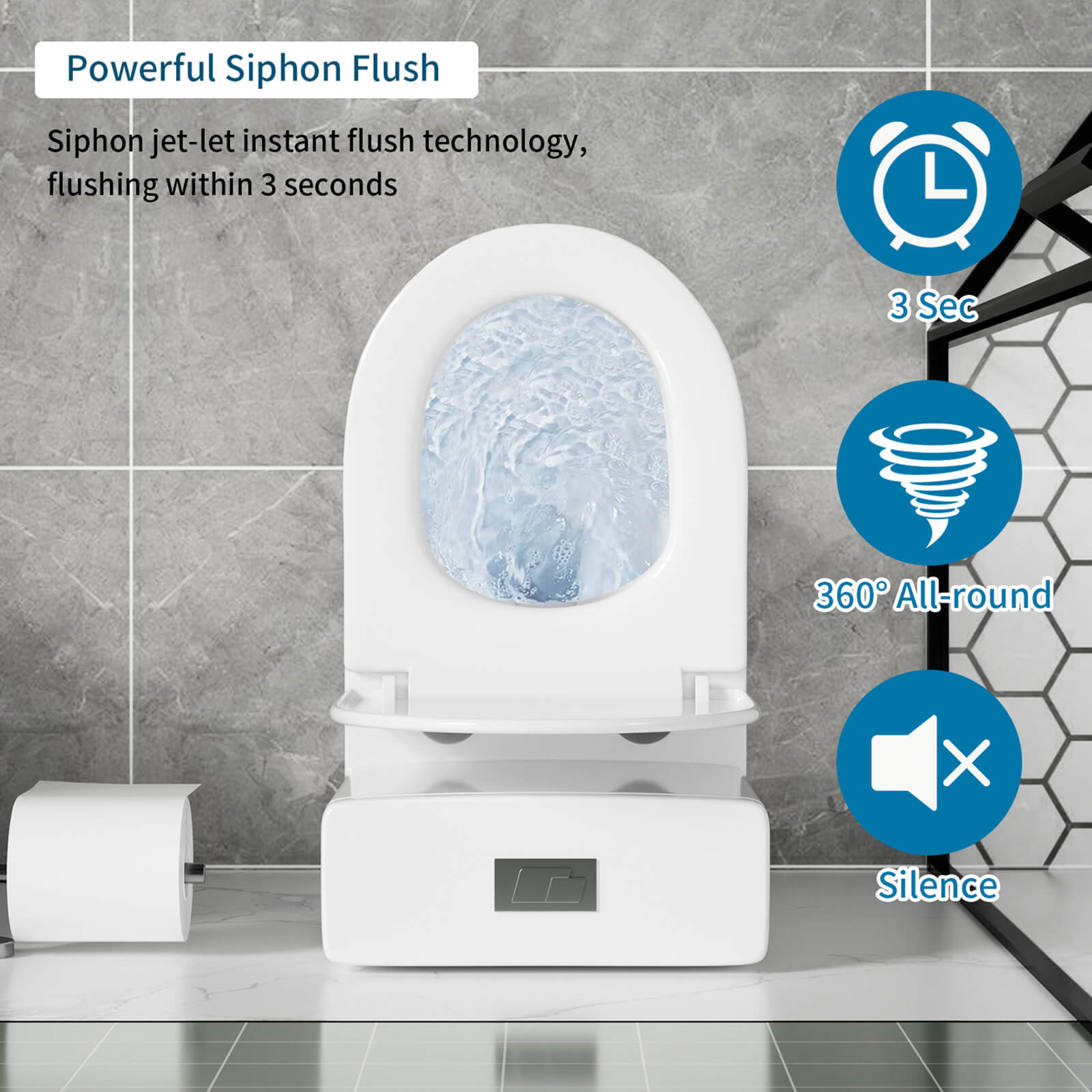 sleek one piece toilet with siphon jet flushing system