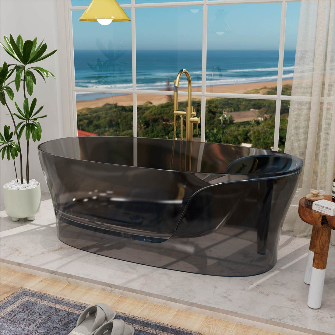 sleek resin freestanding tub with integrated back support