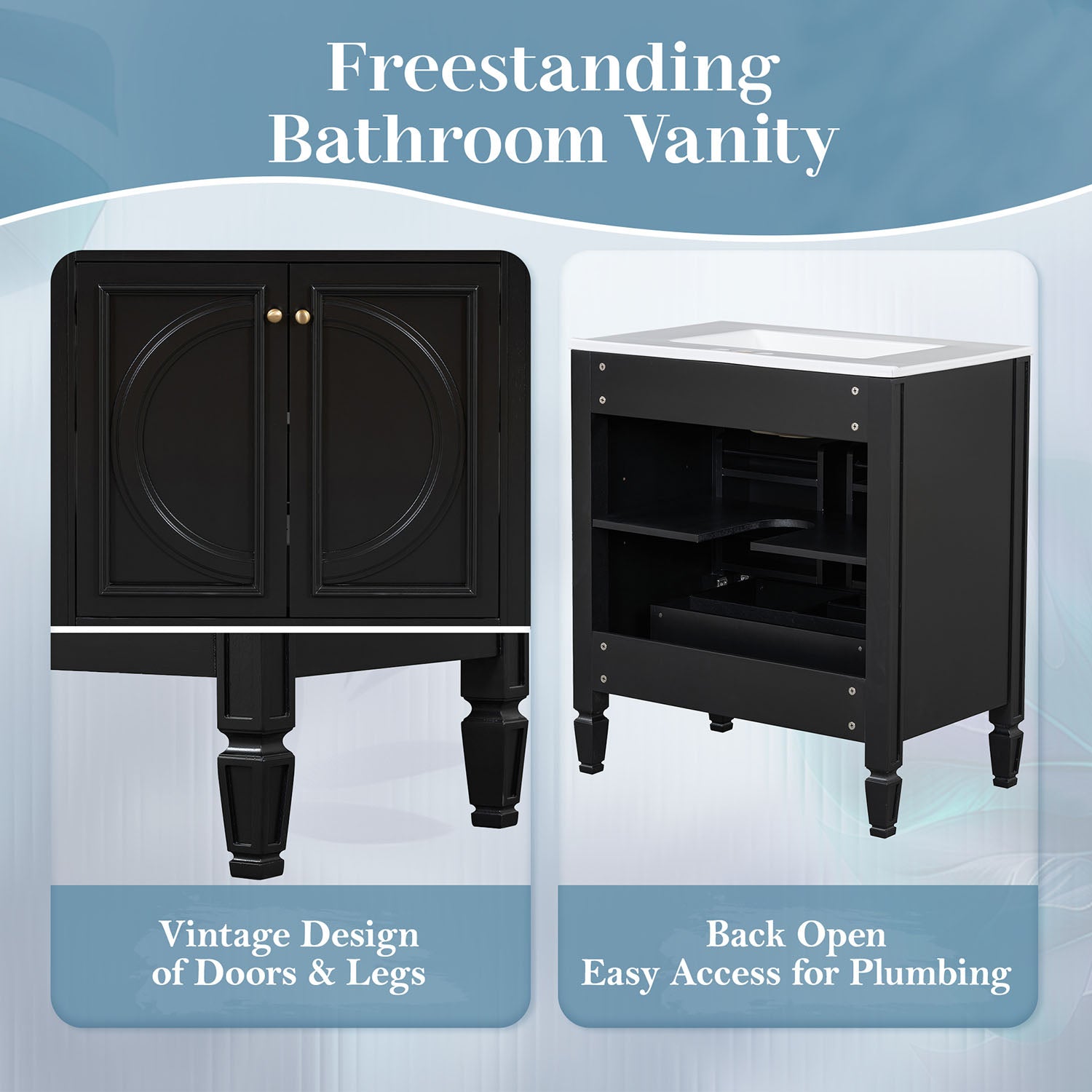 sleek black bathroom vanity with soft close doors and storage