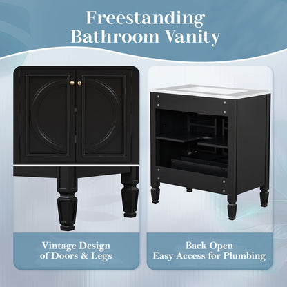 sleek black bathroom vanity with soft close doors and storage