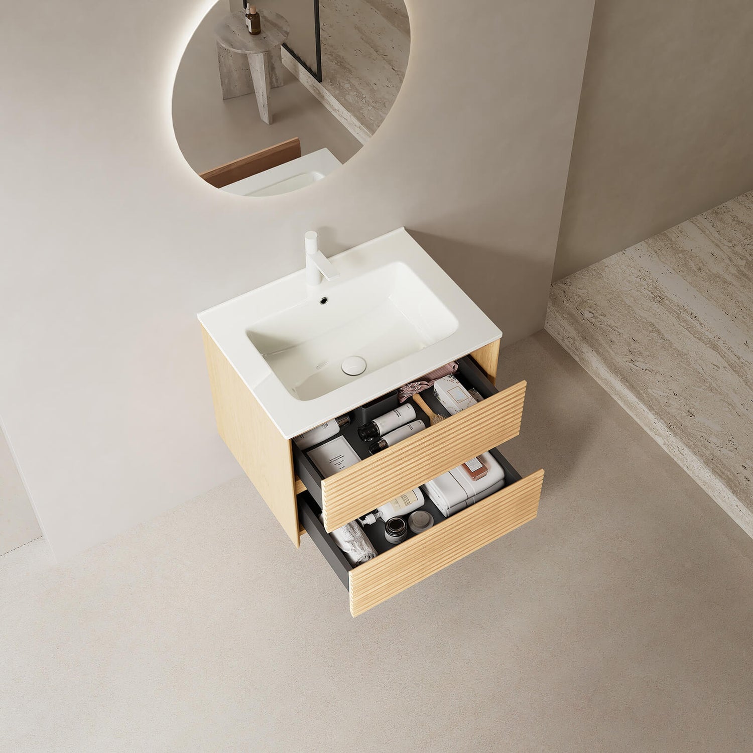 small bathroom vanity with integrated ceramic sink