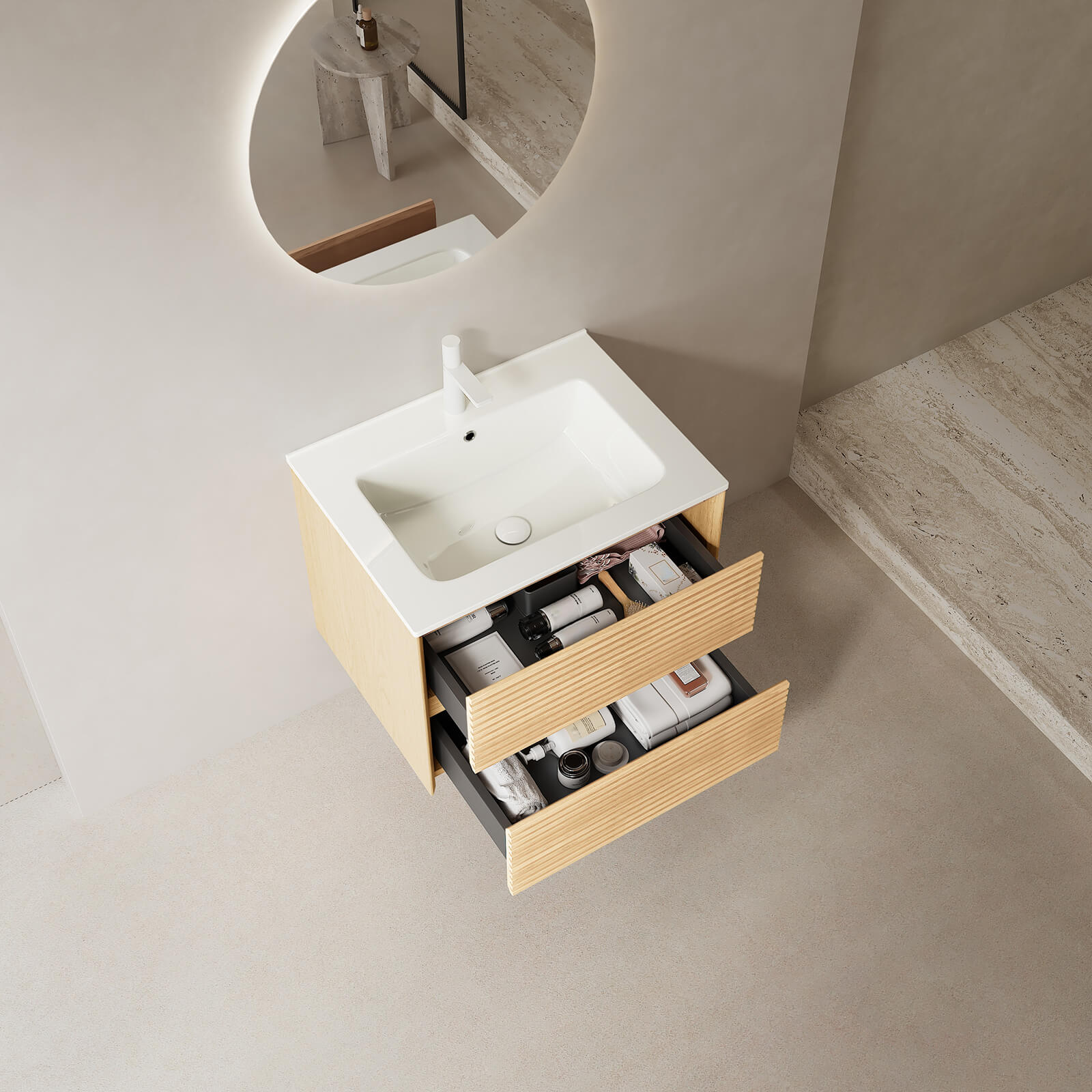 small bathroom vanity with integrated ceramic sink