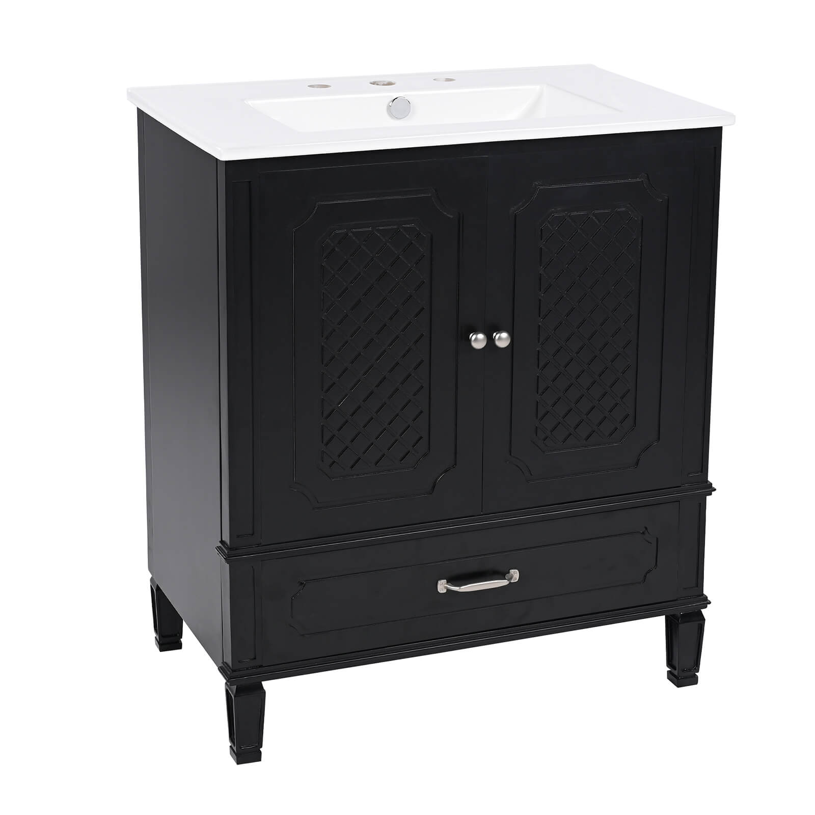 small space friendly black vanity with timeless European style