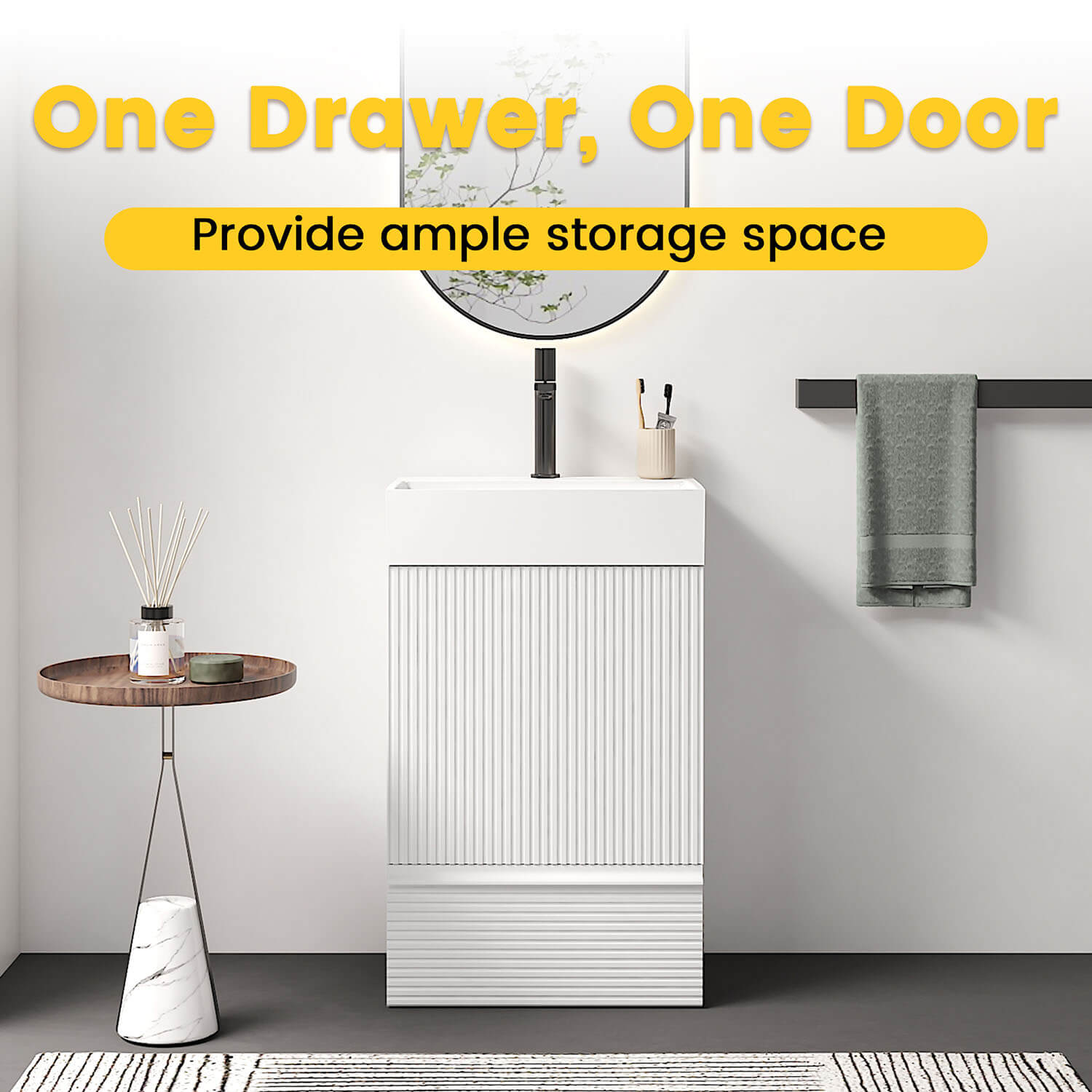 small bathroom storage vanity cabinet with organized interior layout