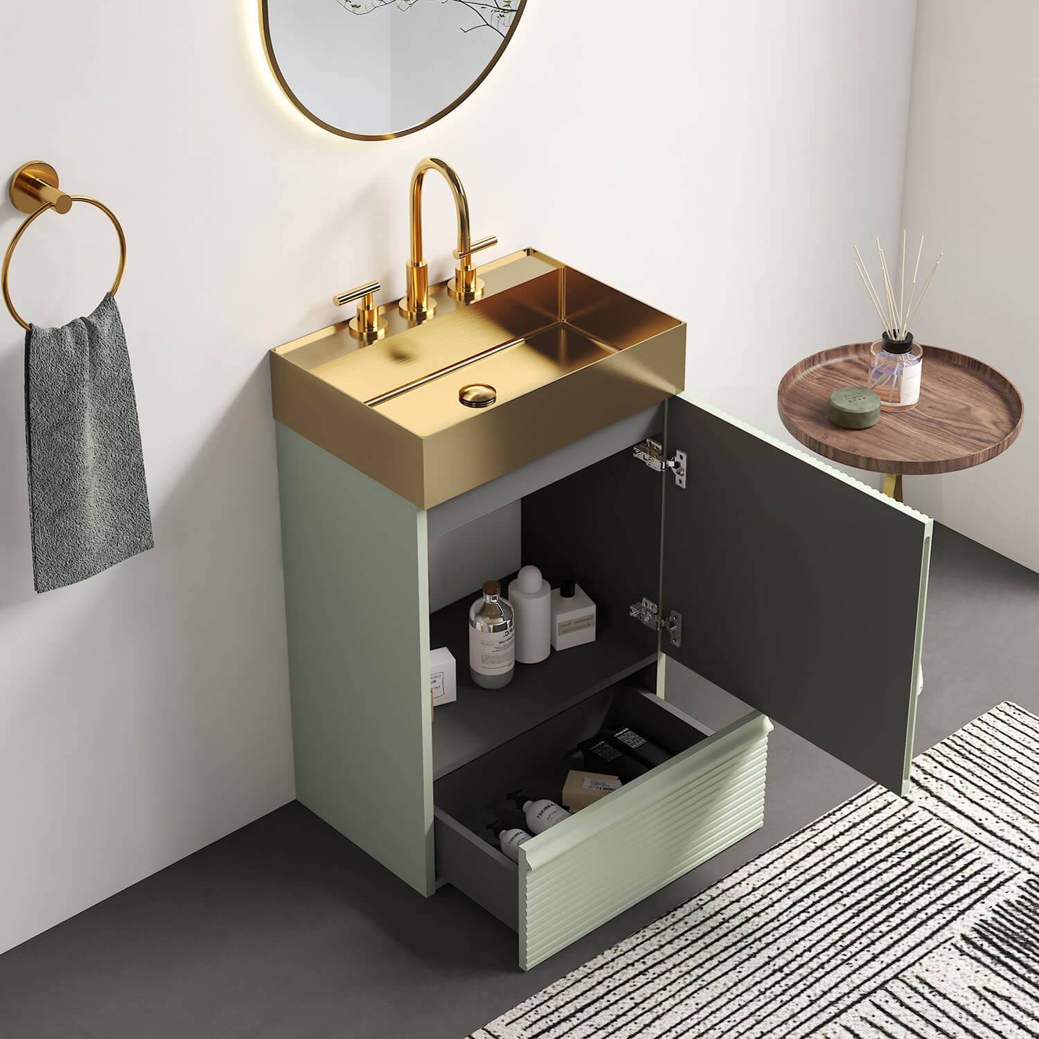 small bathroom vanity striped green cabinet compact storage