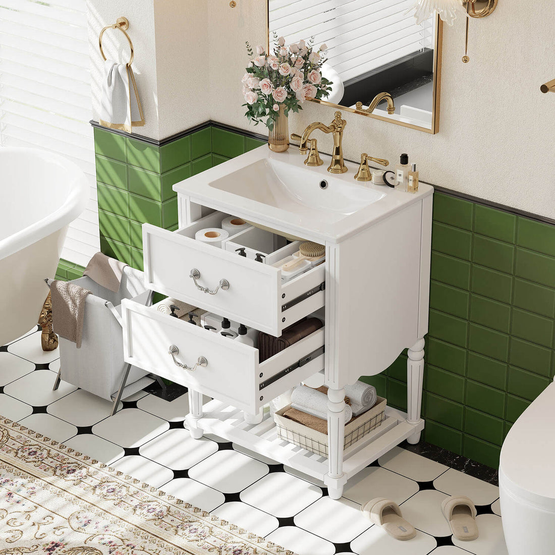 small bathroom vanity with U shaped drawers
