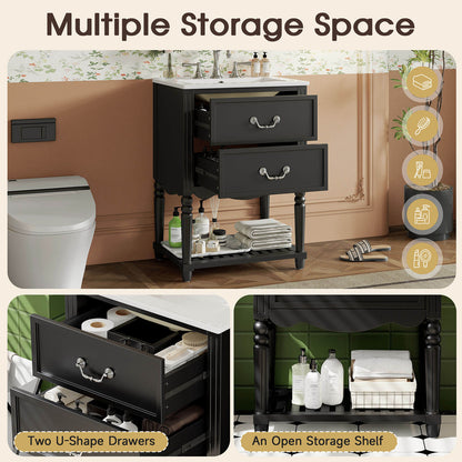 small bathroom vanity with U shaped drawers and open storage shelf