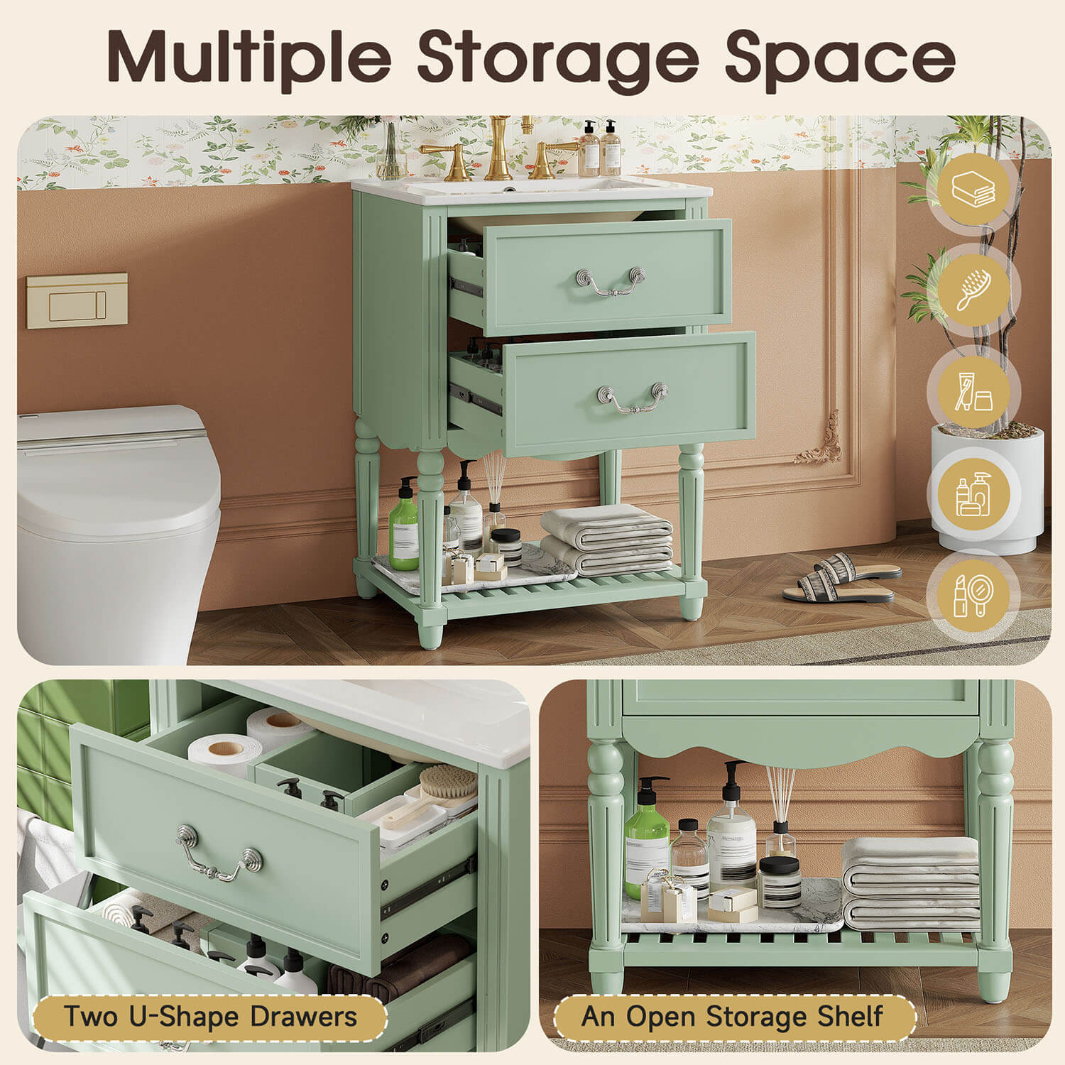small bathroom vanity with U shaped drawers and storage shelf