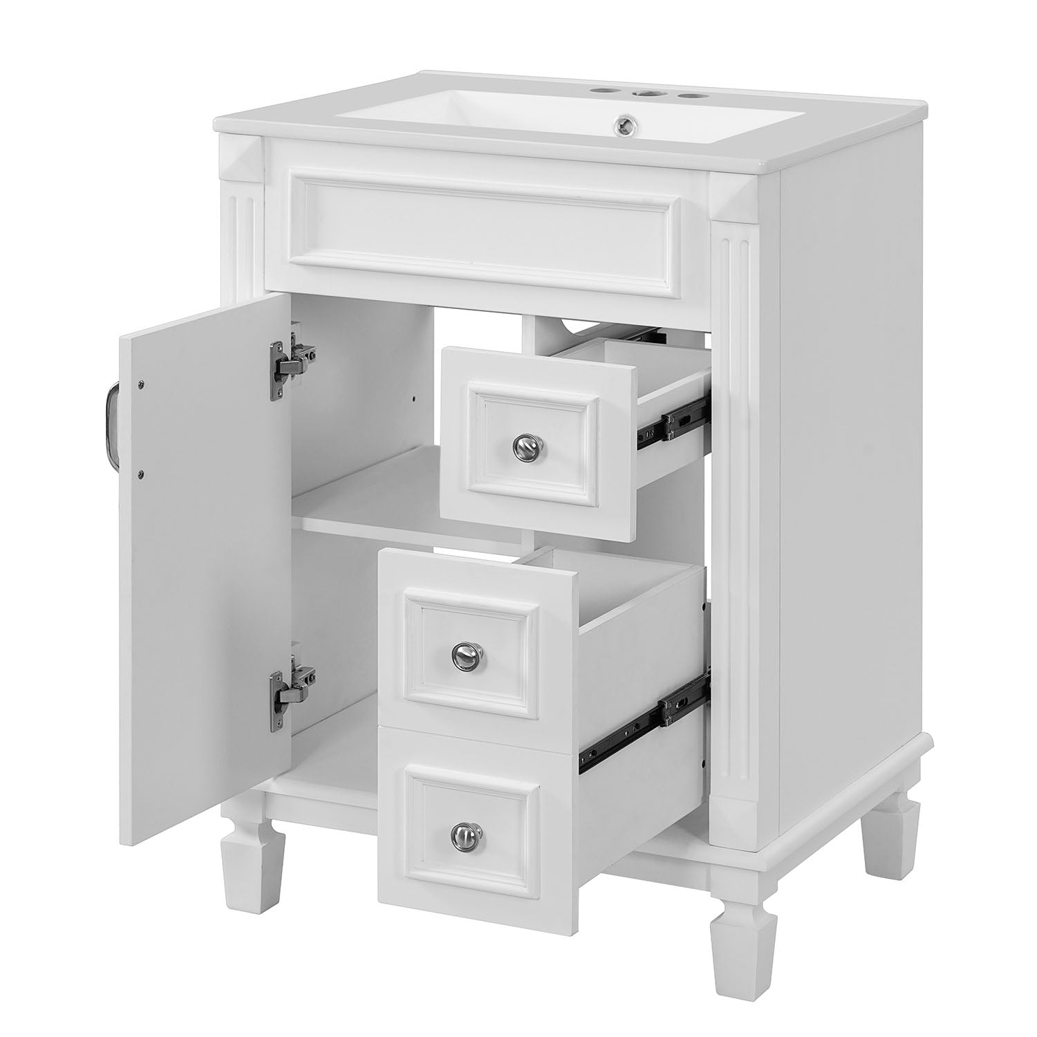 small bathroom vanity with ceramic sink and organized storage space