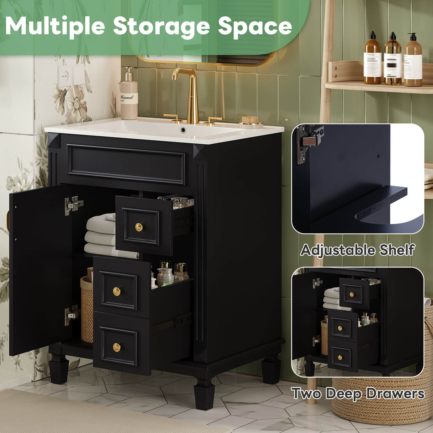 small black bathroom vanity with two drawers and adjustable shelf