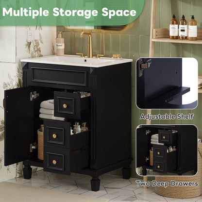 small black bathroom vanity with two drawers and adjustable shelf