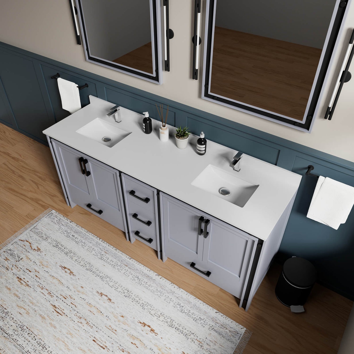 soft close doors and drawers on gray double sink vanity