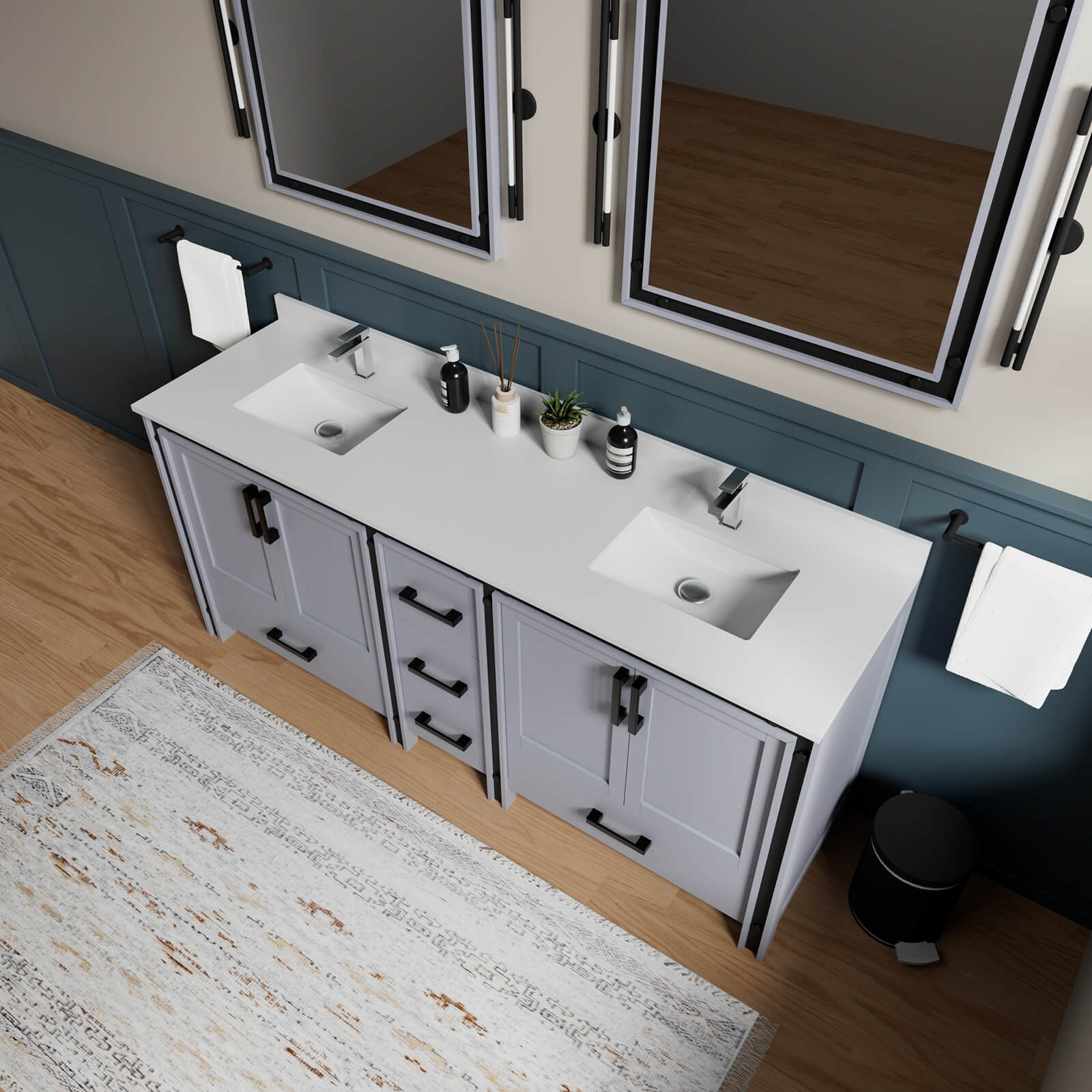 soft close doors and drawers on gray double sink vanity