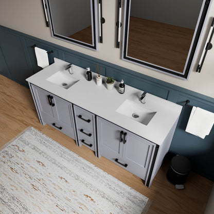 soft close doors and drawers on gray double sink vanity
