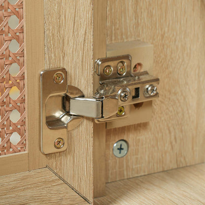 soft close concealed cabinet door hinge detail on woven rattan bathroom vanity door