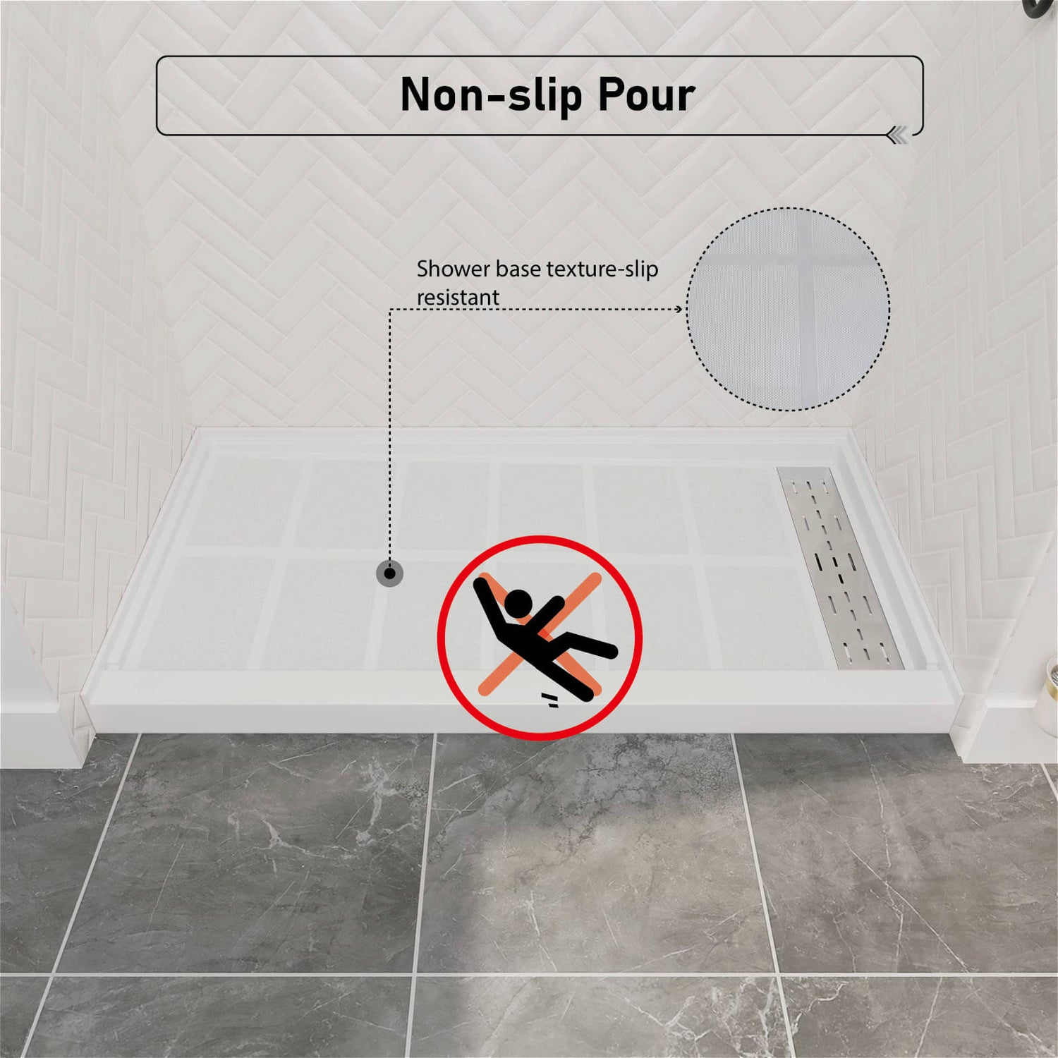 solid surface shower base showing non slip textured floor pattern