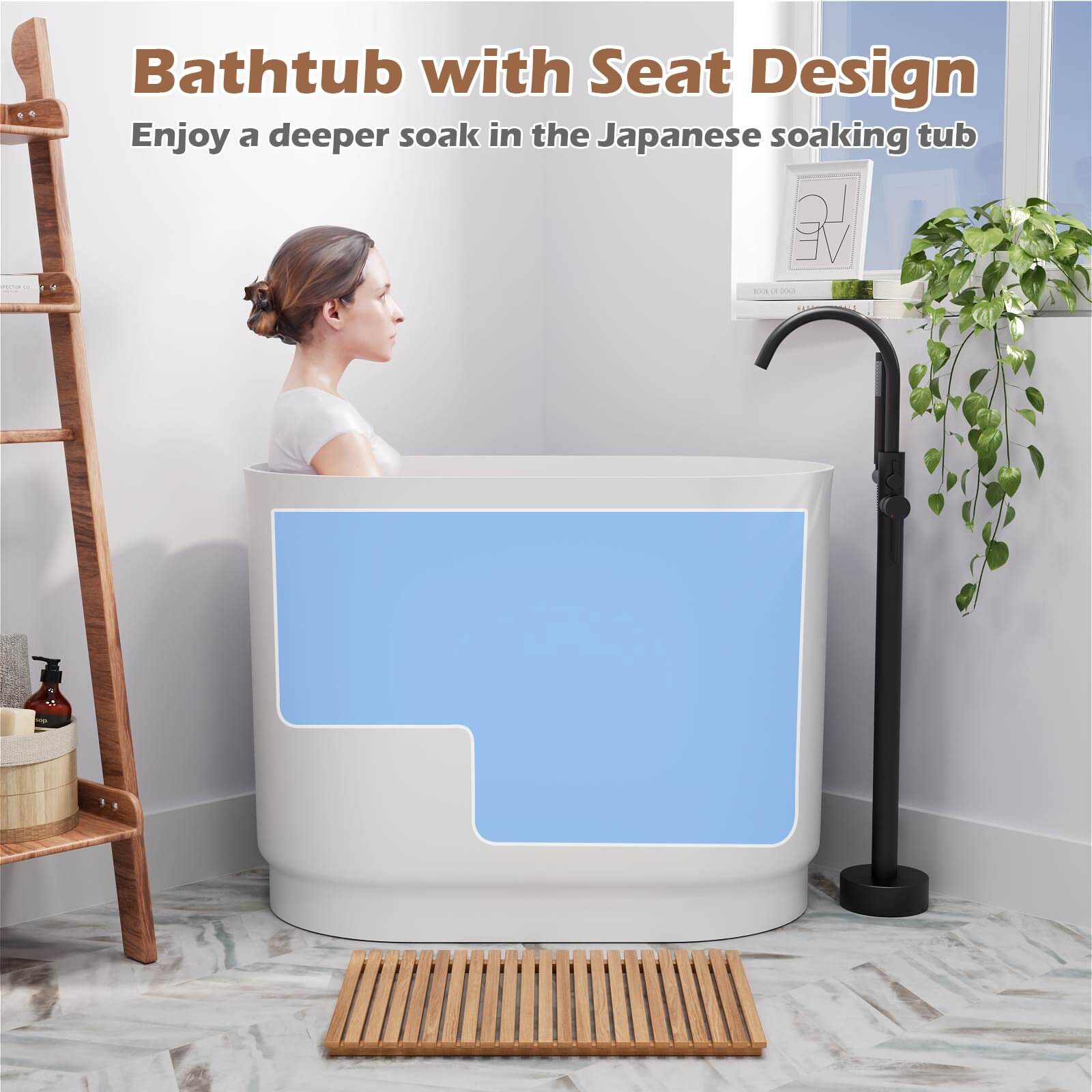 39&quot; Solid Surface Oval Japanese Soaking Tub with Integrated Seat