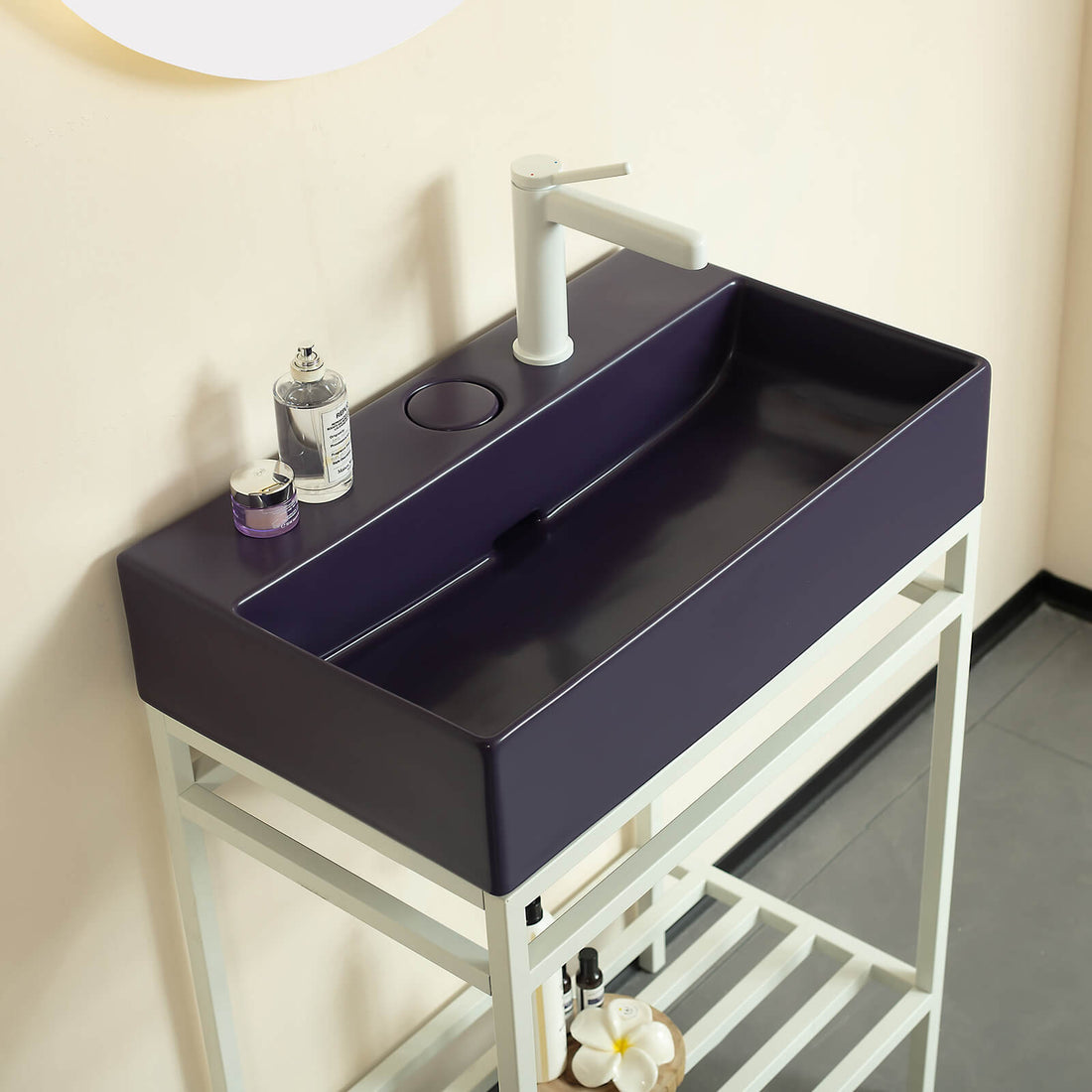 space saving purple bathroom sink console