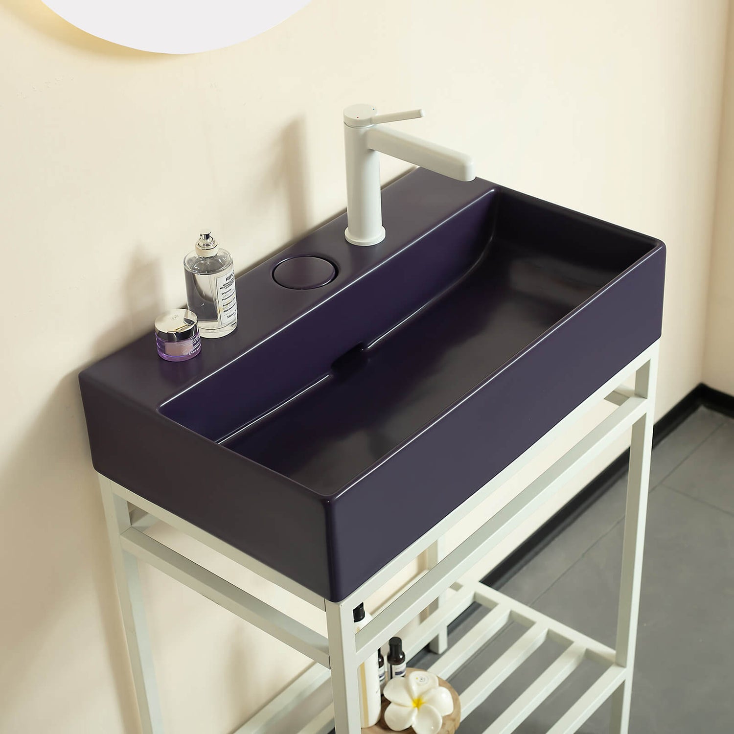 space saving purple bathroom sink console