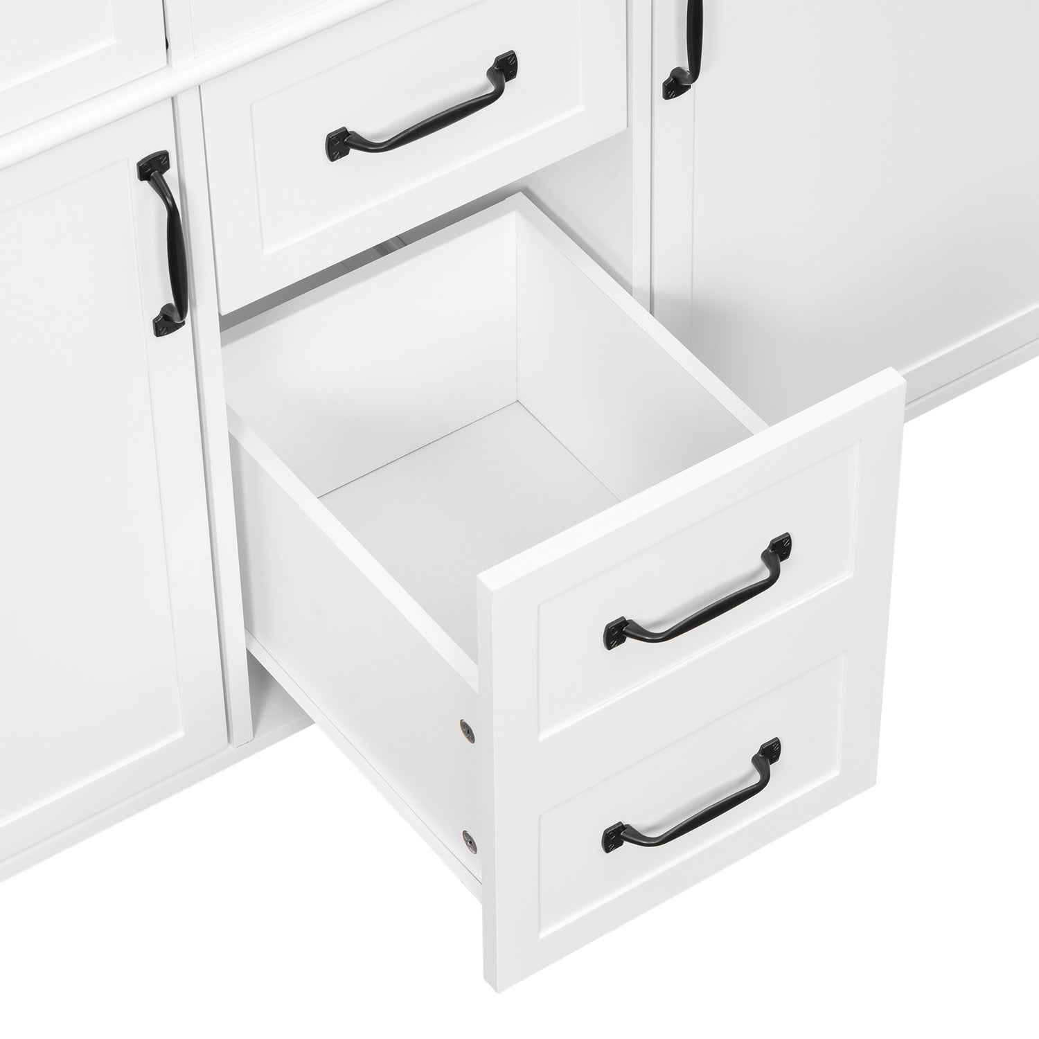 spacious sliding drawers with matte black pulls for 48 inch white single sink bathroom vanity