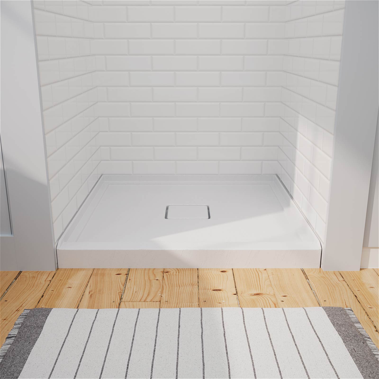square white shower pan with slip resistant textured surface