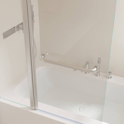 stainless steel handle and brushed frame on glass shower door